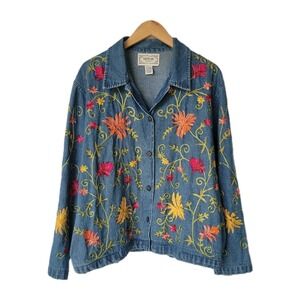 VINTAGE Tantrums Denim Embroidered Jacket Women's Large Colorful EUC